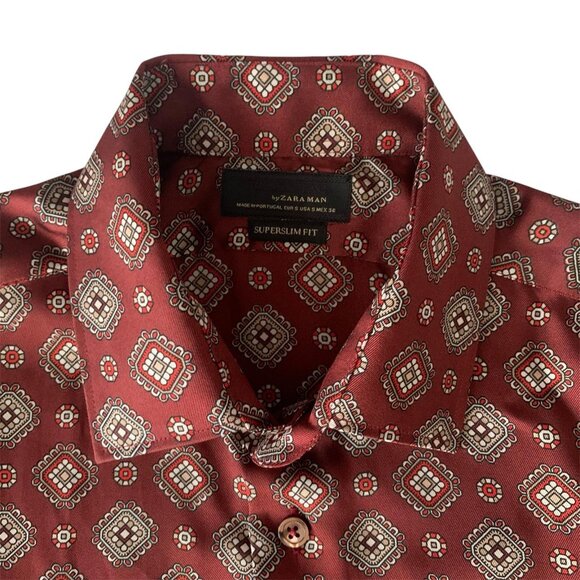 Zara Man Super Slim-Fit Shirt | Small | Burgundy with Geometric Print - Picture 4 of 8